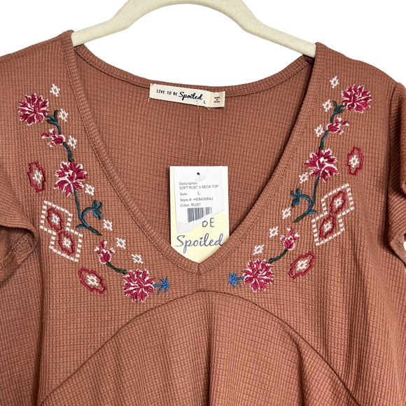 Live to be Spoiled Juniors Baby Doll Thermal Knit Top Large Brown Embroidered - Picture 2 of 7
